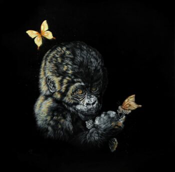 Bébé gorille, fusion, papillon jaune